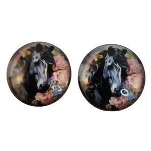 Set of 2 Black Horse Glass Cabochons 1 Inch Round, Floral Dome Craft Supply for